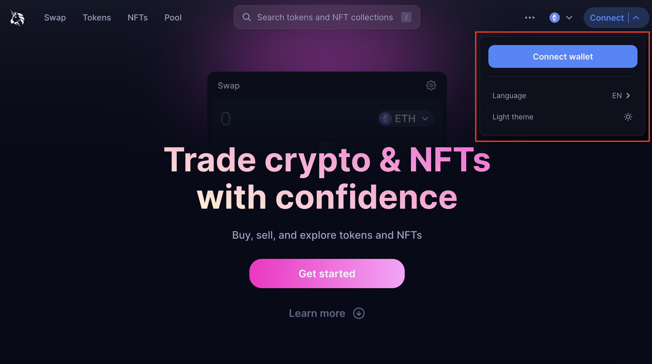Uniswap decentralized exchange interface