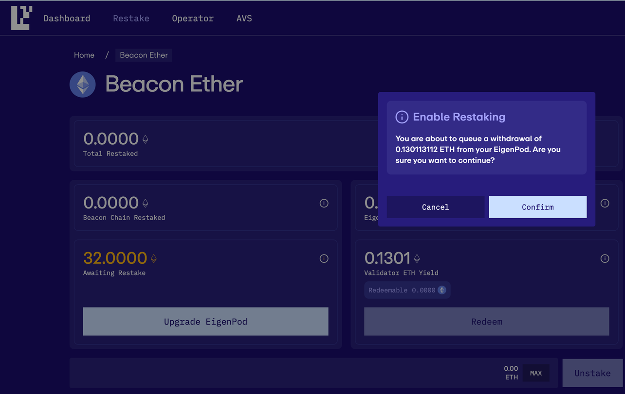 EigenPods automated restaking upgrade