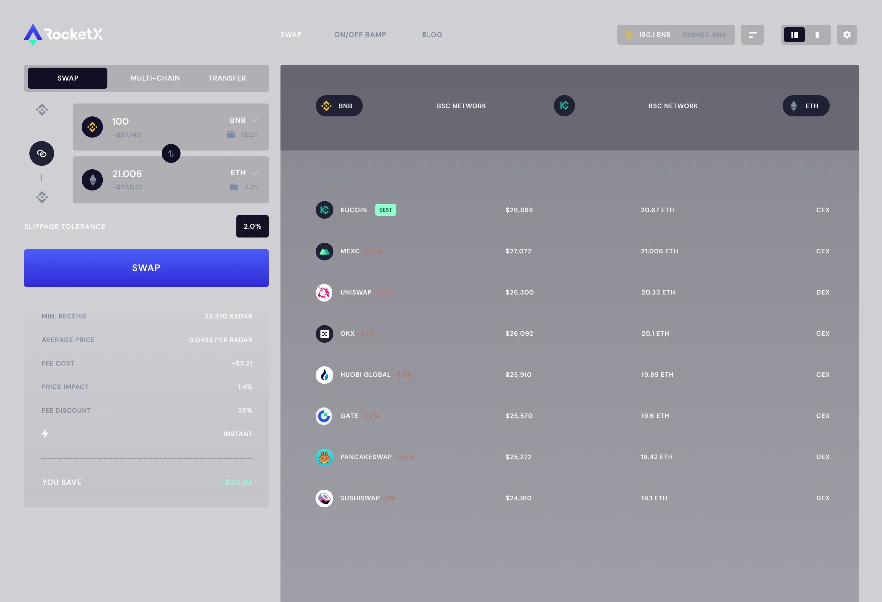 RocketSwap Base DeFi swap interface