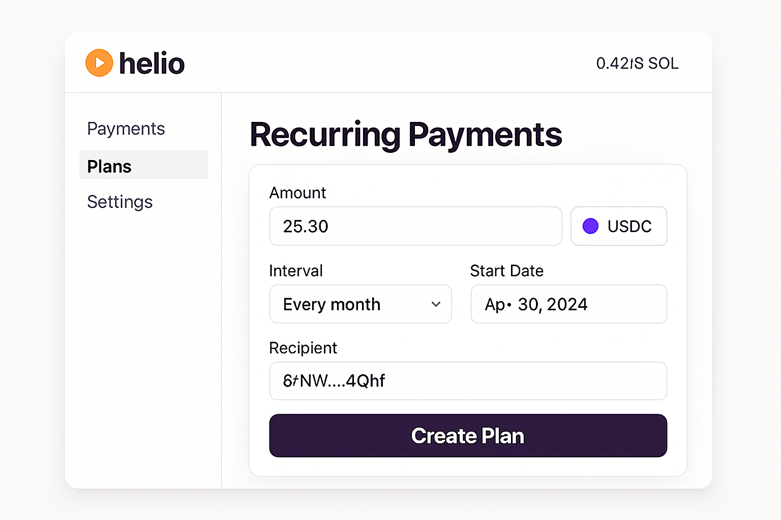 Helio platform recurring crypto payments interface