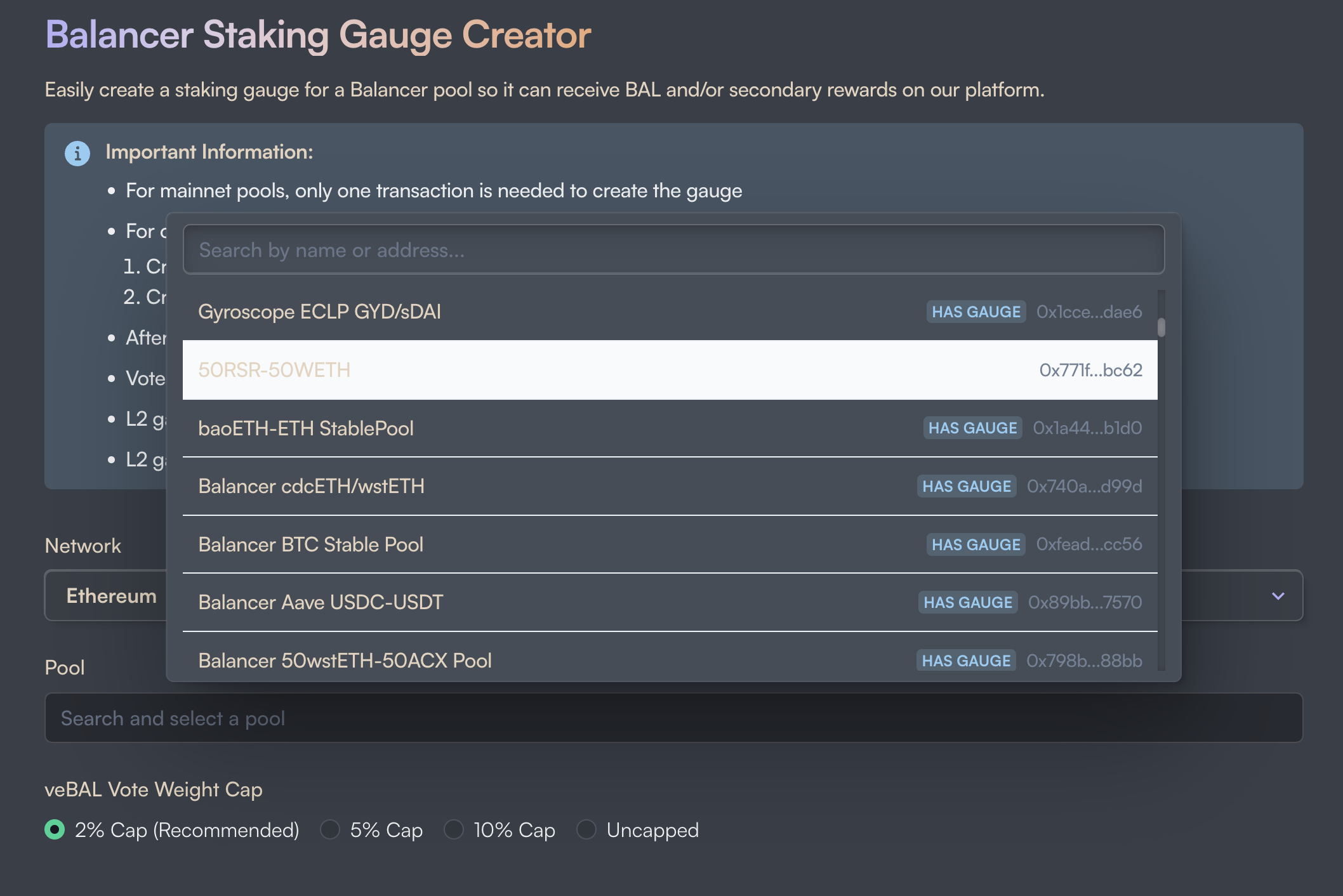 Curve Finance or Balancer LST/ETH pool interface