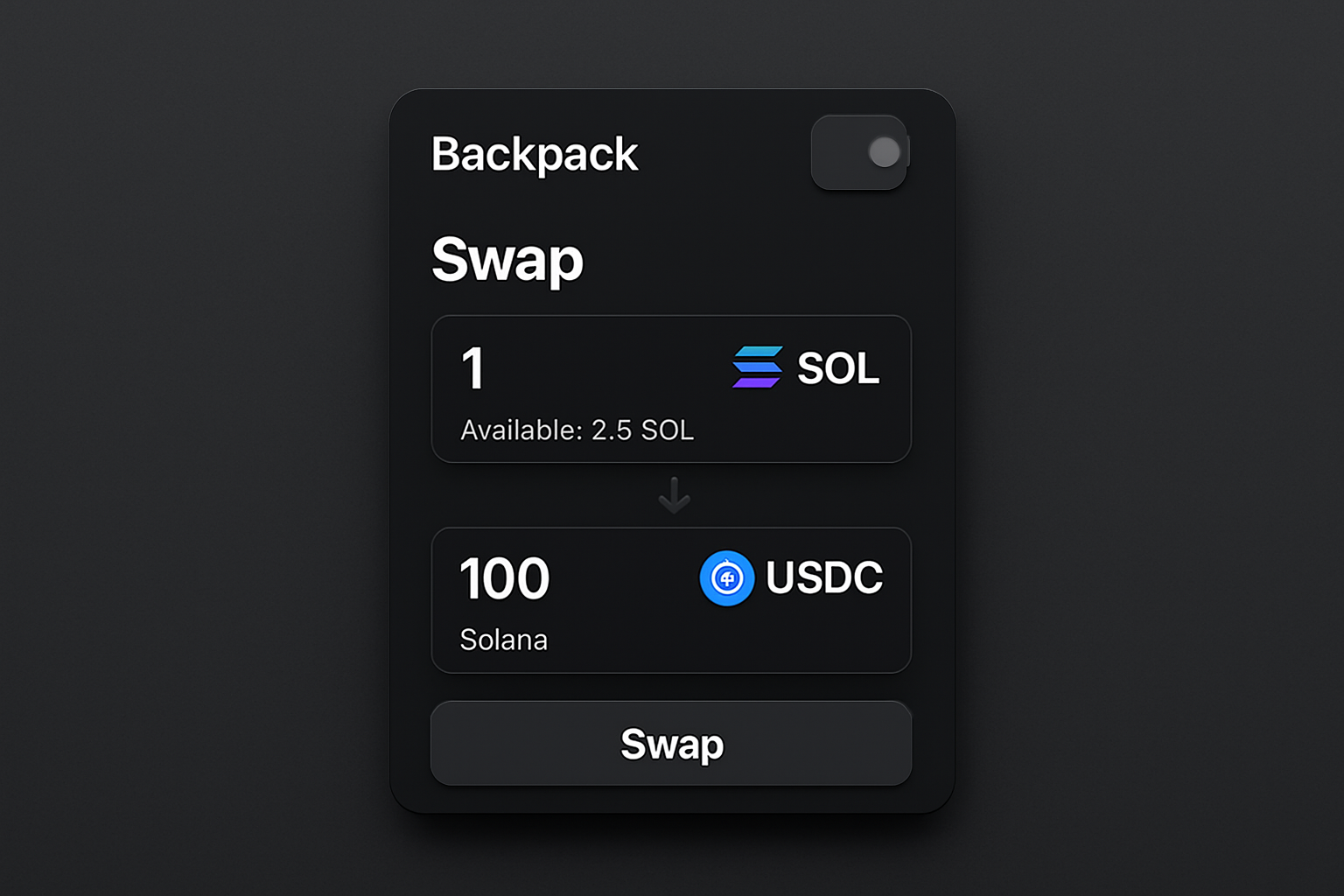 Backpack Wallet Solana swap interface