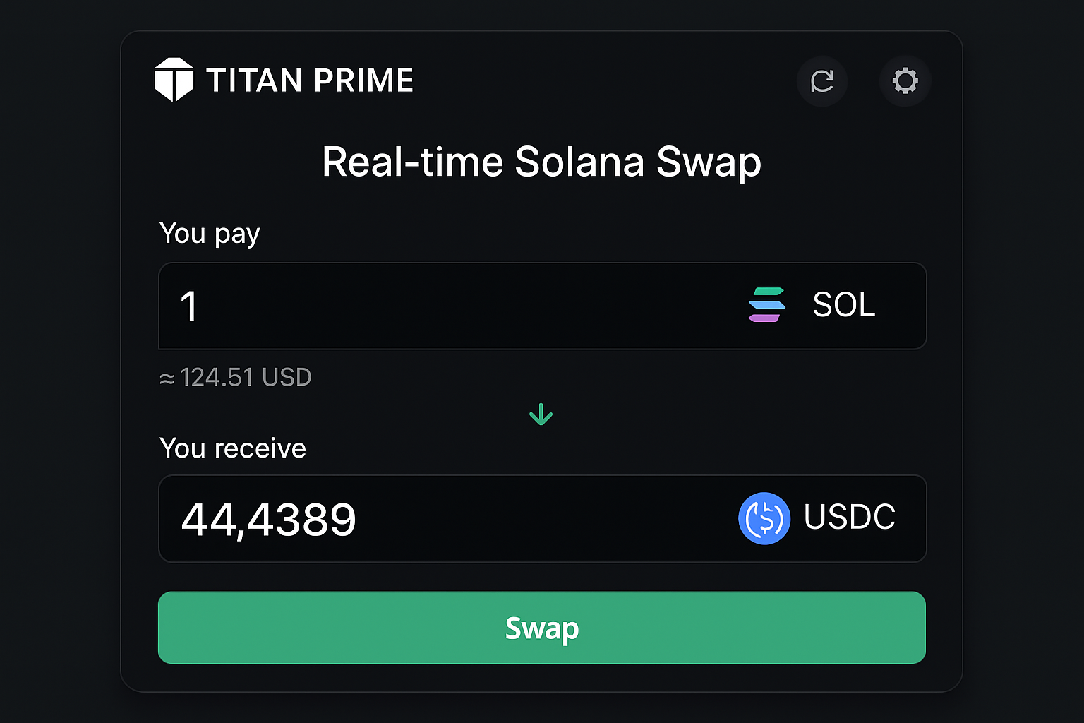 Titan Prime real-time Solana swap simulation
