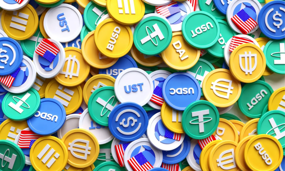 Abstract digital illustration of stablecoins flowing into on-chain reinsurance pools, generating high yields from real insurance premium streams in DeFi