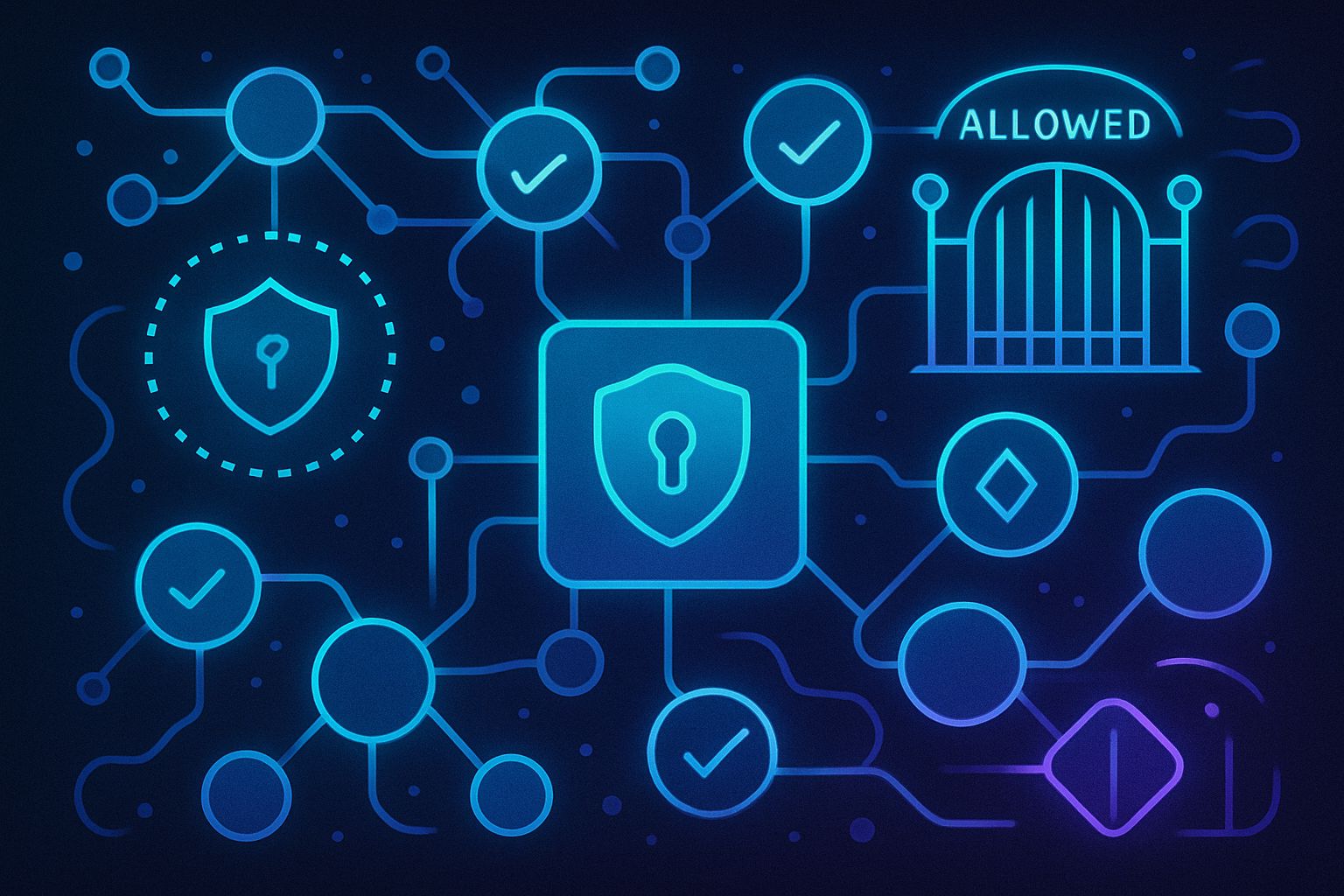 Abstract blockchain illustration showing glowing on-chain KYC attestation tokens, privacy shields protecting user identities, and DeFi allowlist gates opening for verified wallets in a privacy-preserving verification network