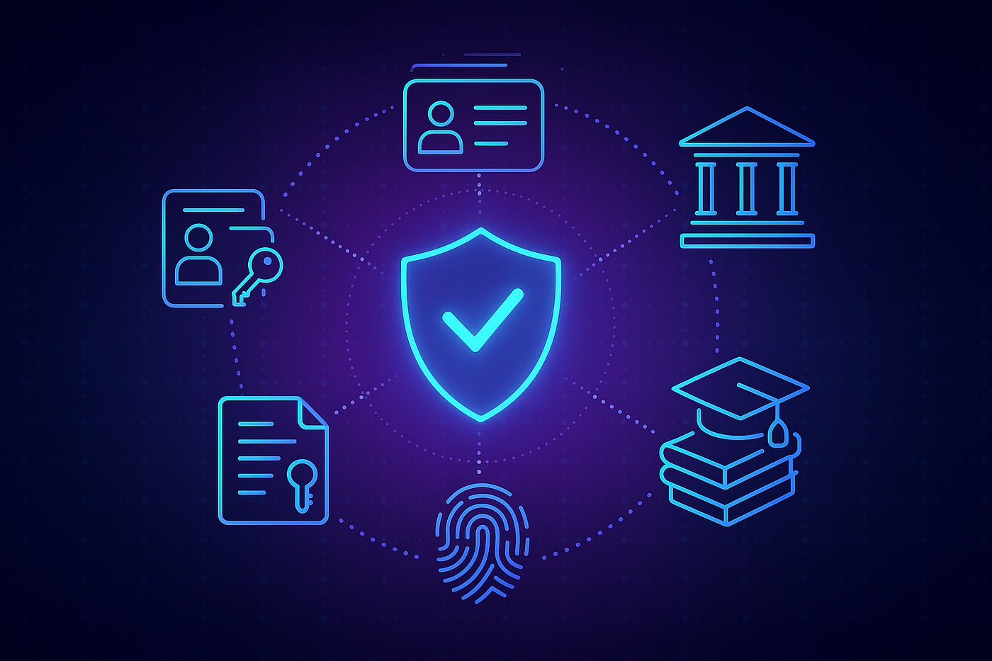 Abstract blockchain shield protecting user identity icons in DeFi token sale, illustrating on-chain KYC privacy and compliance for allowlists