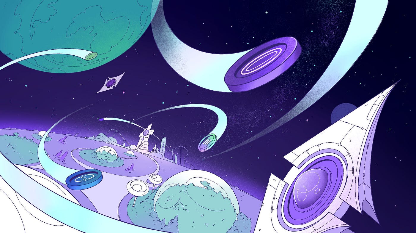 Abstract illustration of web browser icon transforming into USDC cryptocurrency coins protected by privacy shields, representing privacy-focused data unions for earning crypto from browsing data