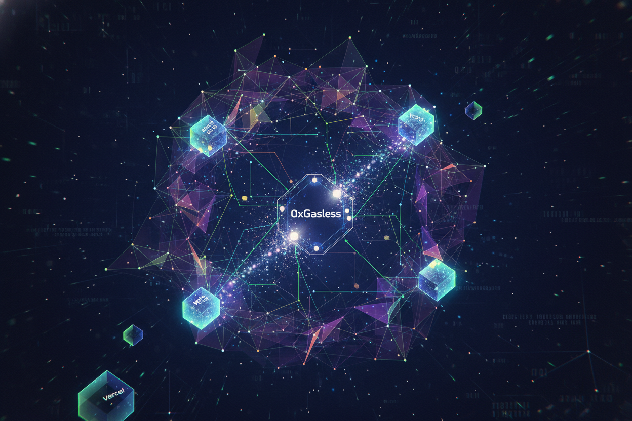 Abstract digital illustration of AI neural network nodes interconnected with blockchain payment flows and x402 SDK icons including Vercel x402 SDK, 0xGasless SDK, and Scattering.io x402 SDK for pay-per-inference APIs