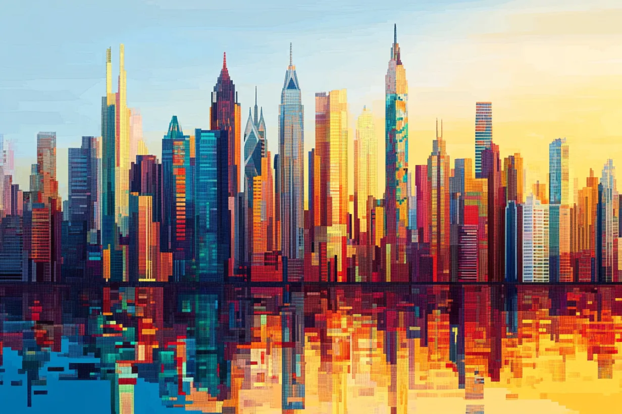 Abstract illustration of blockchain technology transforming a modern city skyline, symbolizing the impact of tokenization on real estate finance in 2025.