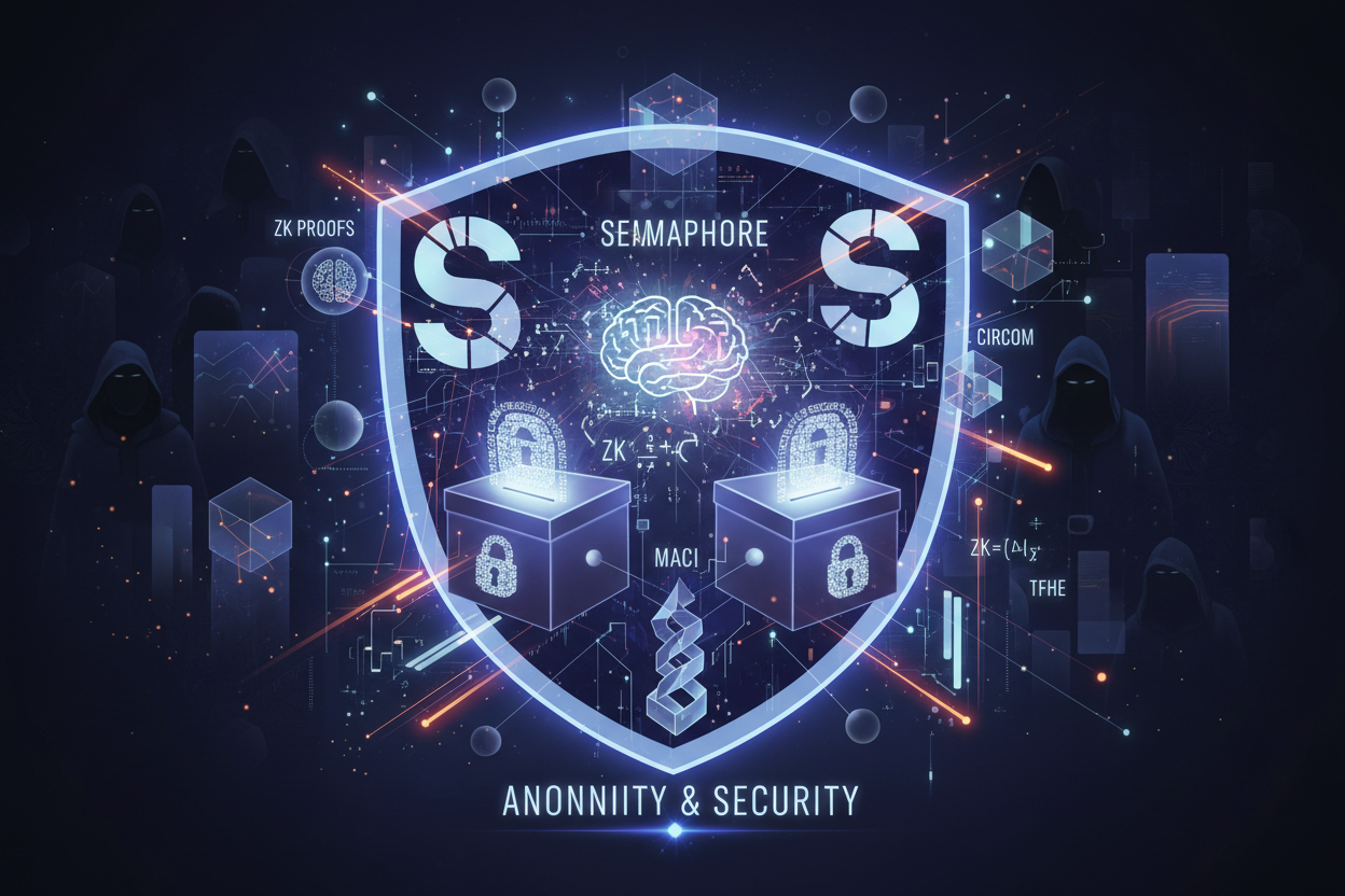Abstract illustration of encrypted ballots flowing into a DAO smart contract, featuring MACI, Semaphore Protocol, Circom, TFHE-rs, and Noir by Aztec for anonymous secure voting in 2026