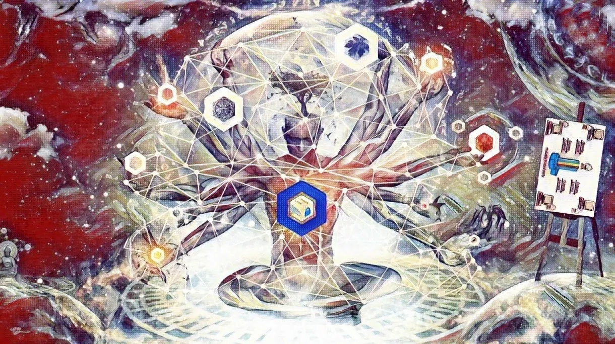 Abstract digital visualization of a cross-chain bridge connecting multiple blockchains, activated by dynamic oracle data streams for secure interoperability