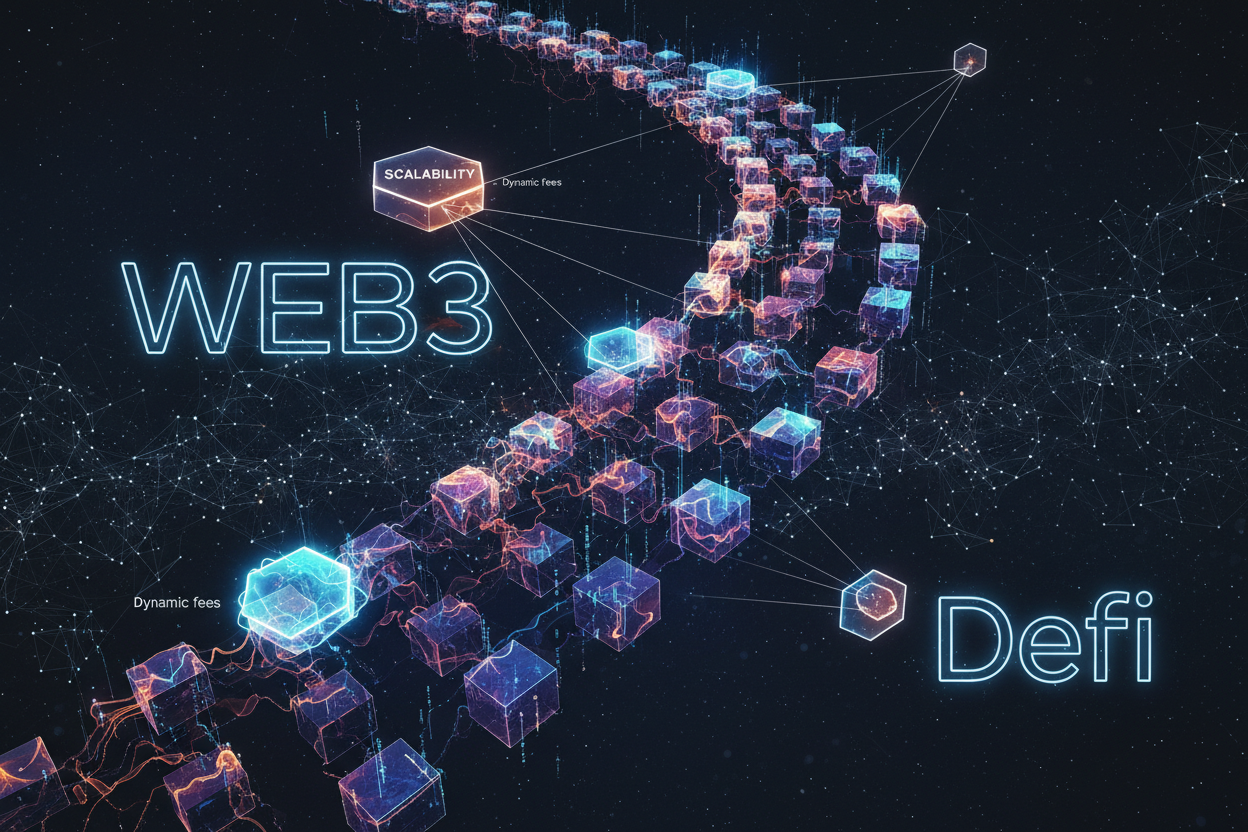 Abstract visualization of custom app-chain blockchain architecture with dynamic fee flows, scalability layers, and high-throughput DeFi protocol connectivity