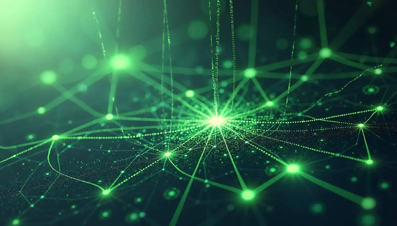 Abstract visualization of delayed oracle update causing cascading DeFi liquidations during market volatility, blockchain domino effect illustration