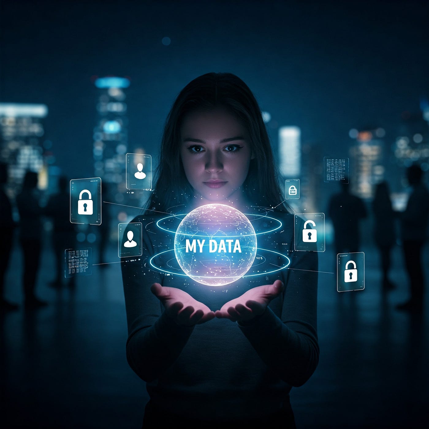 Abstract visualization of locked dataset feeding into AI neural network model with glowing ZK proof seal, illustrating privacy-preserving verification of AI training data provenance