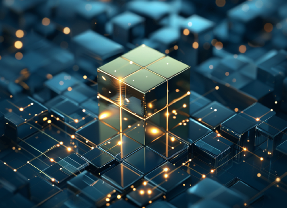 Abstract visualization of a patent document fractionalized into glowing blockchain NFT tokens representing steps for IP tokenization: verifying ownership, selecting blockchain, auditing smart contracts, and launching on marketplaces in 2026
