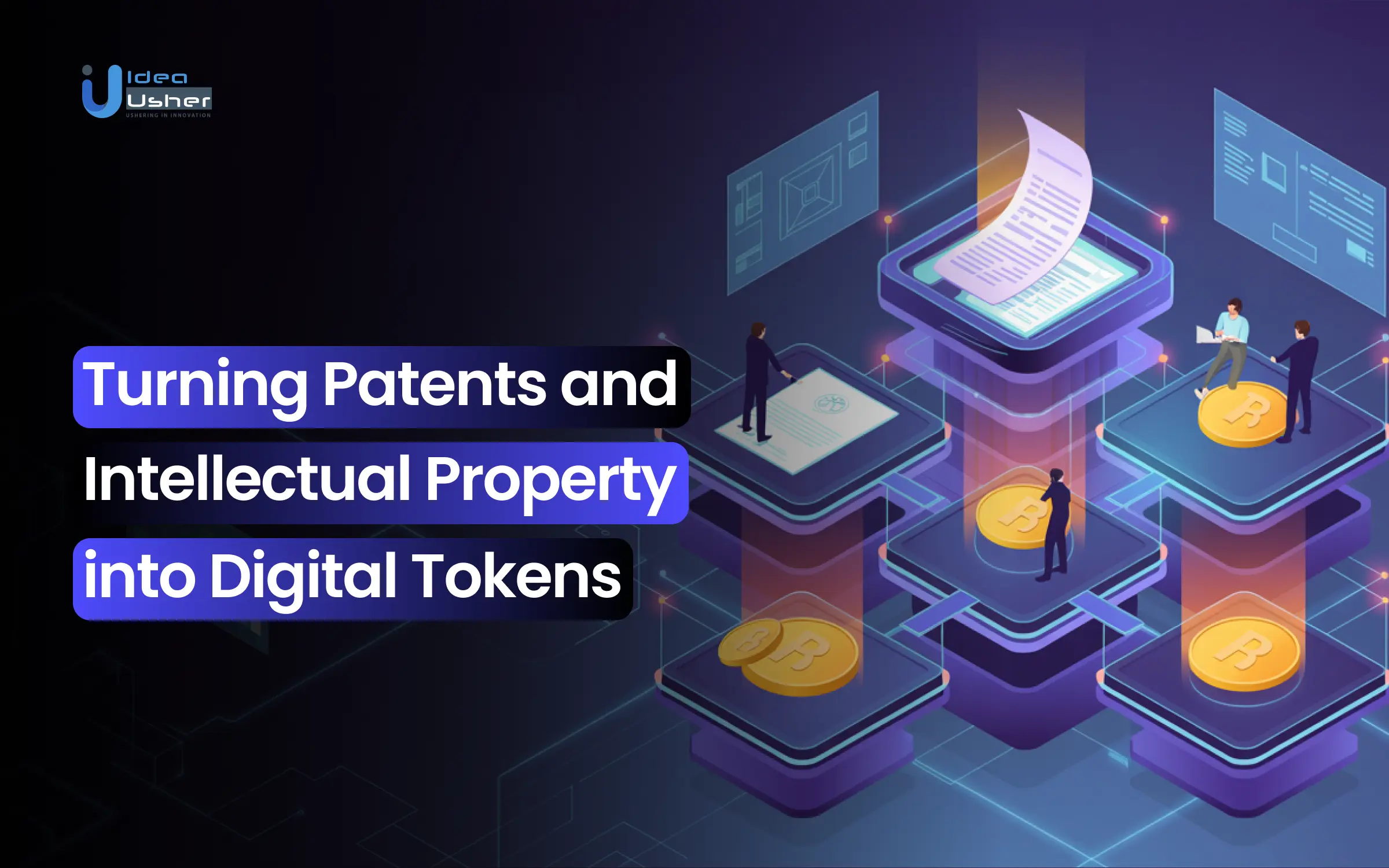 Abstract digital artwork of patent document transforming into blockchain tokens with fractional shares orbiting a glowing digital ledger, illustrating IP tokenization and fractional ownership on blockchain in 2026