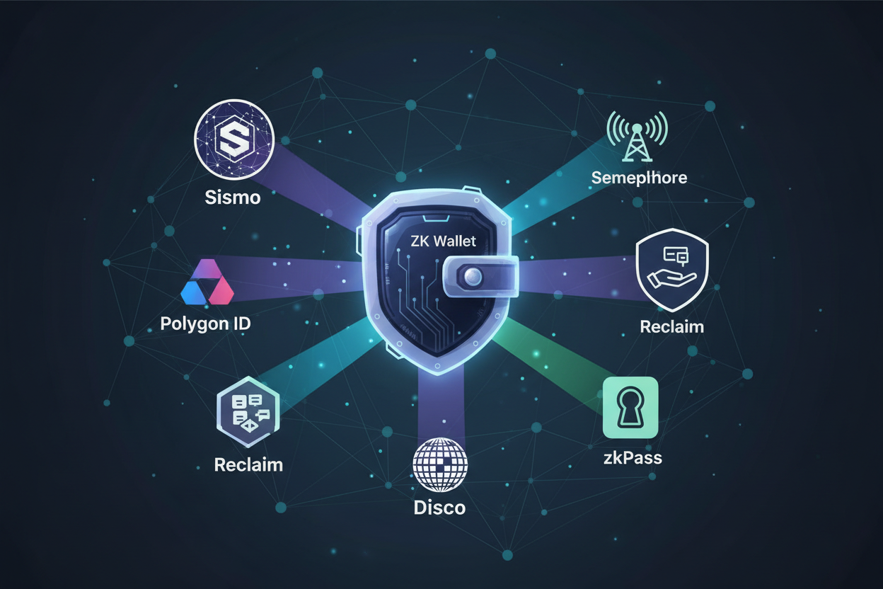 Abstract digital art of a shielded ZK wallet emitting glowing zero-knowledge proof rays verifying reputation badges for Sismo, Polygon ID, Semaphore, Reclaim Protocol, zkPass, and Disco without revealing transaction history or wallet details