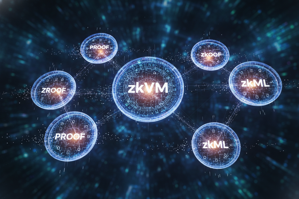 Abstract digital visualization of zkVM executing private neural network inference with glowing zero-knowledge proof seals for zkML privacy-preserving AI