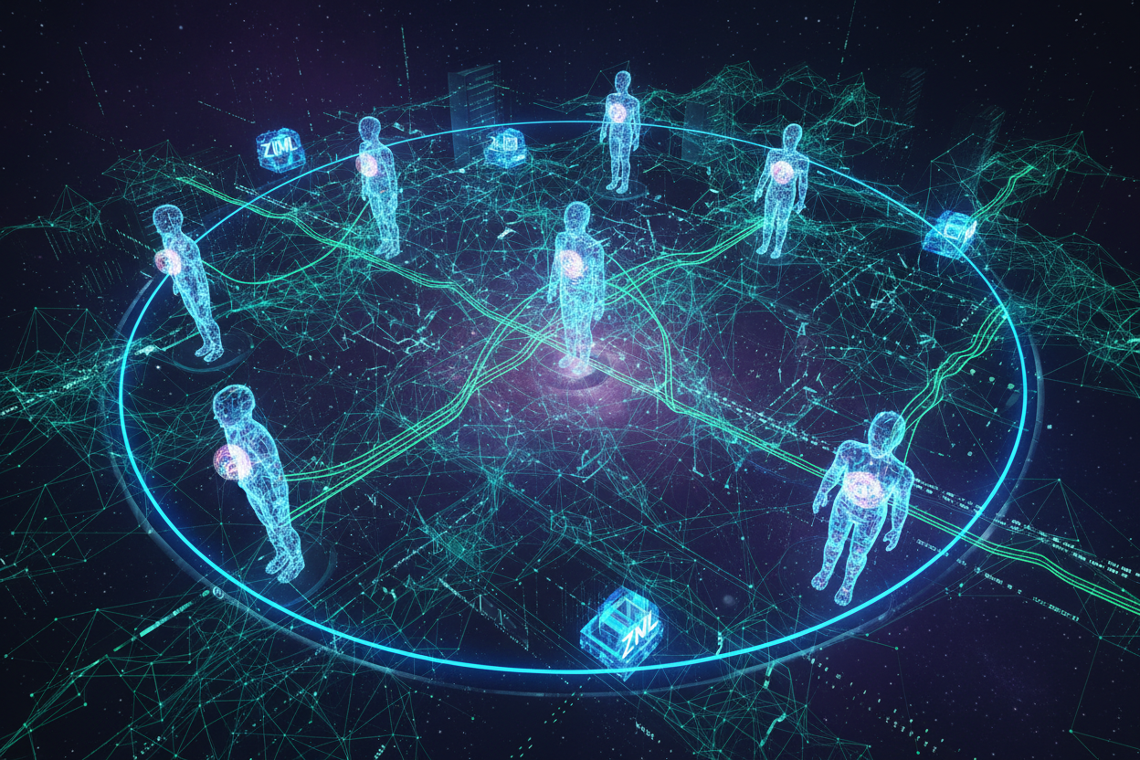 Abstract visualization of AI agents receiving verifiable identities on Billions Network, ZKML KYA Know Your Agent digital identity framework