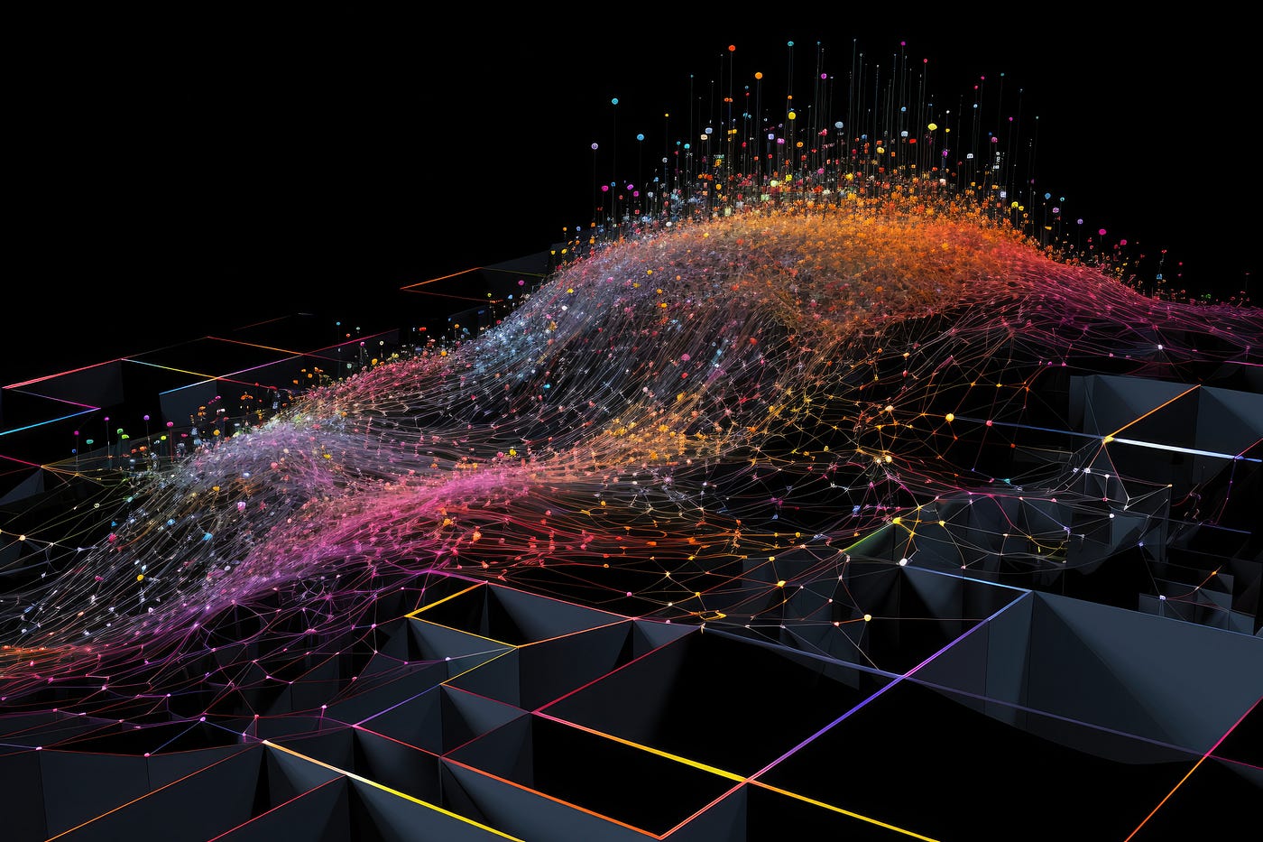 Abstract digital artwork of AI neural networks merging with blockchain ledger for hybrid AI oracles in prediction markets