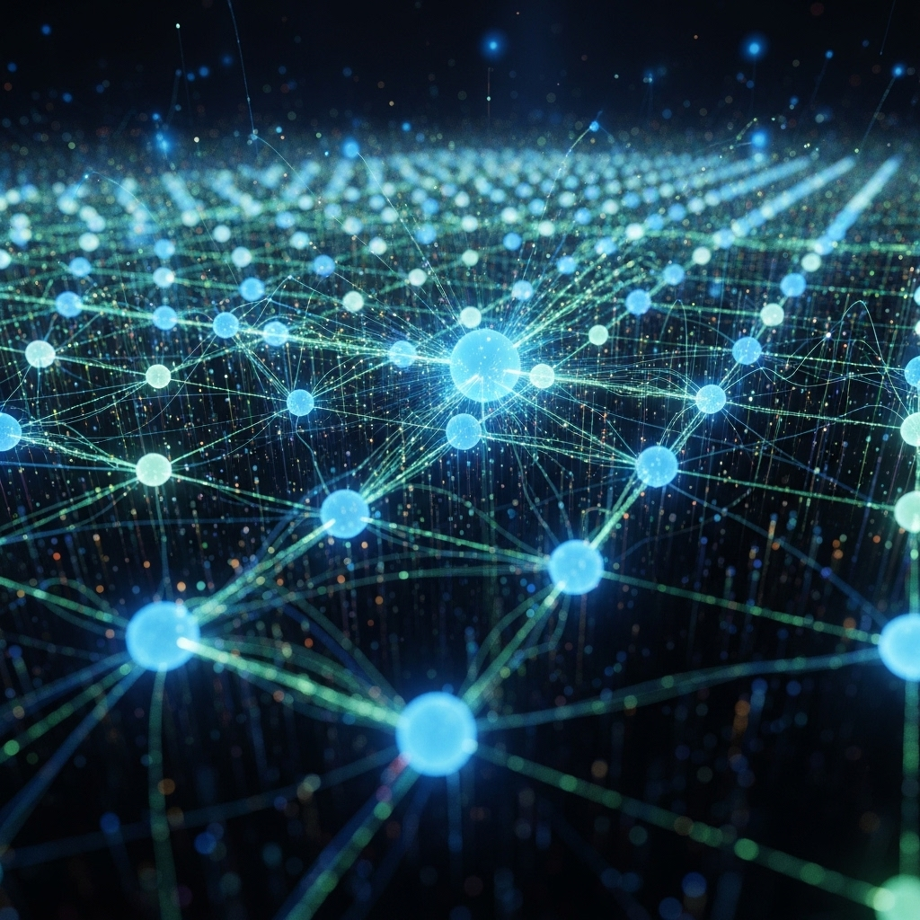 Abstract visualization of AI neural networks merging with blockchain nodes, representing hybrid AI oracles for on-chain risk management in DeFi prediction markets