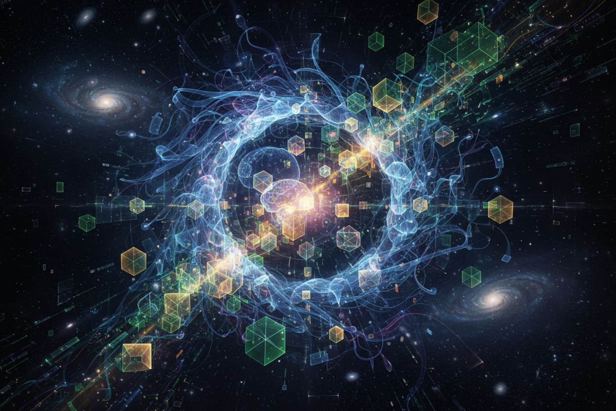 Abstract digital art of AI neural networks merging with blockchain nodes, visualizing hybrid AI-blockchain integration for prediction markets