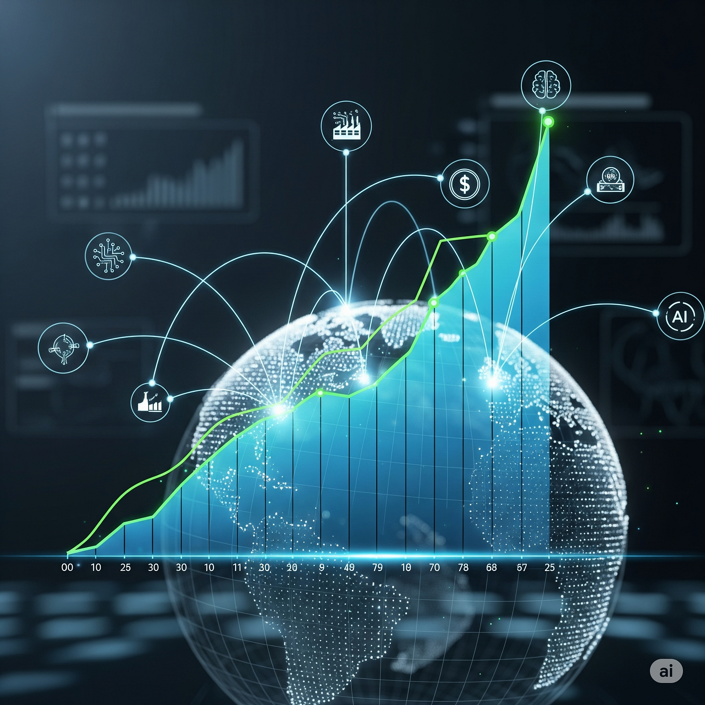 Abstract visualization of blockchain chains wrapping around multimodal data icons like images, text, and graphs for secure LLM fine-tuning