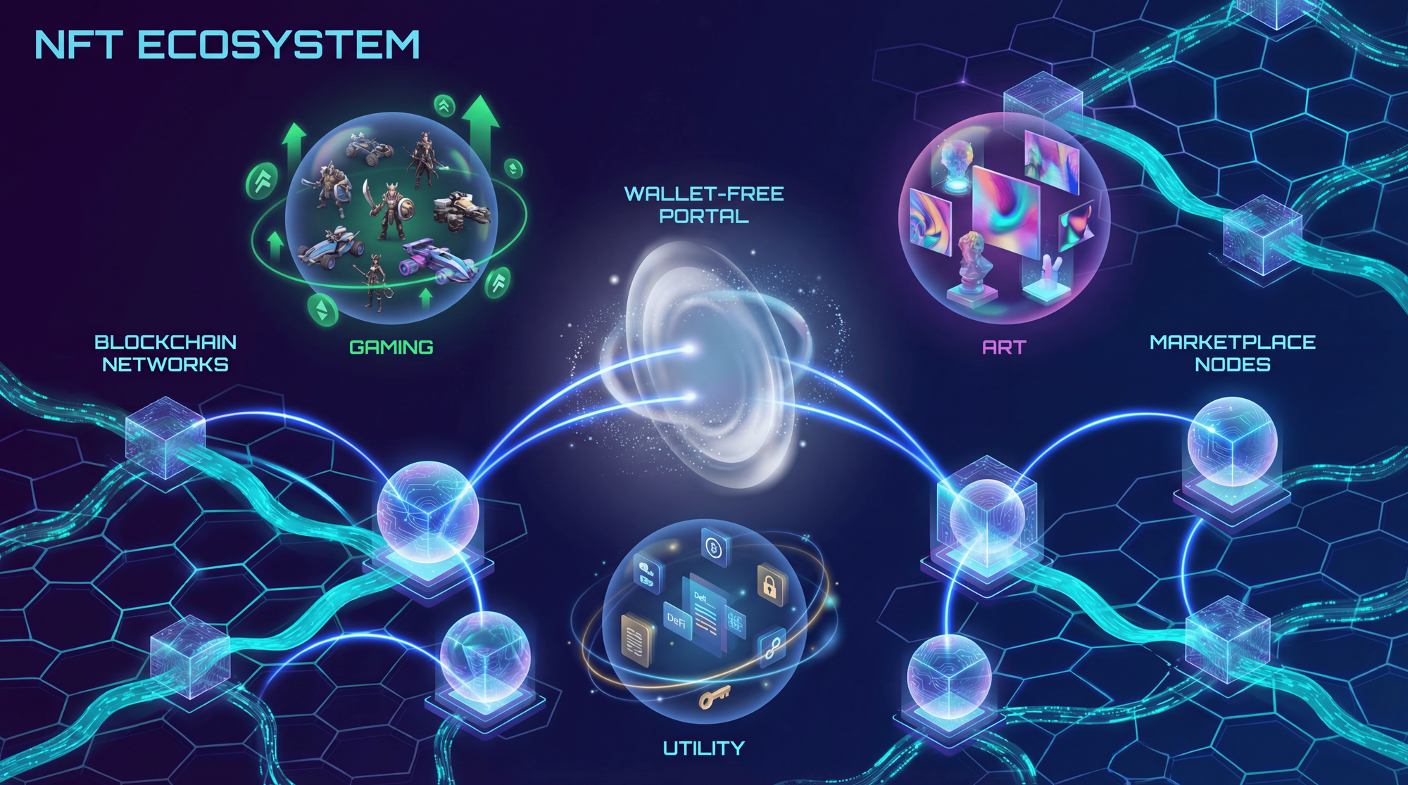 Abstract blockchain visualization of smart contracts splitting NFT royalties in real-time among multiple creator wallets, on-chain distribution 2026