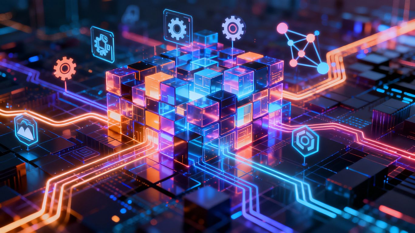 Abstract digital art of data streams flowing into a glowing blockchain vault, symbolizing perpetual royalties for AI dataset creators on blockchain marketplaces