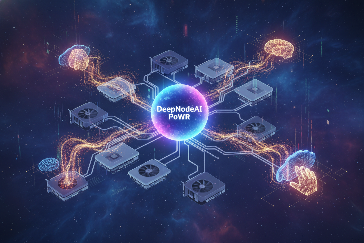 Abstract visualization of DeepNodeAI's Proof-of-Work-Relevance (PoWR) transforming idle GPUs into high-performance AI task executors in DePIN network