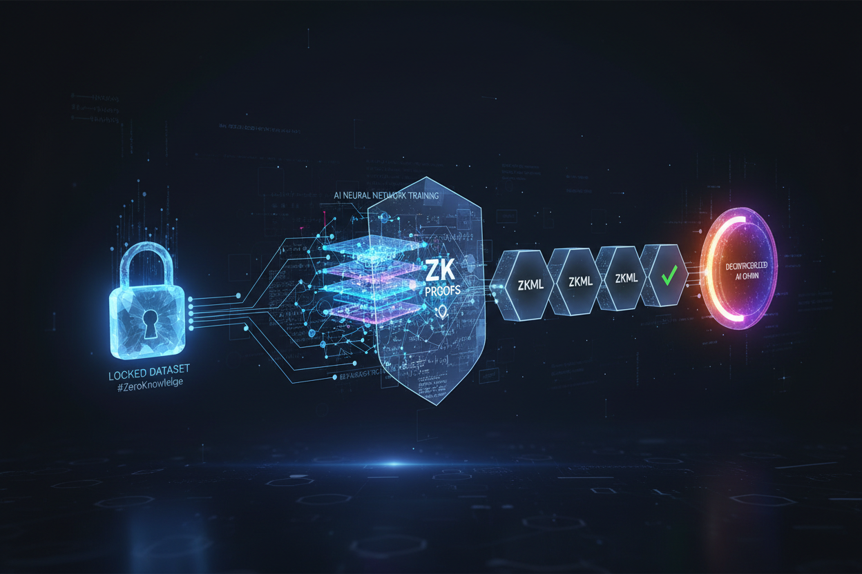 Abstract visualization of locked datasets securely feeding into an AI neural network model, protected by zero-knowledge proof chains ensuring verifiable training data provenance without exposure