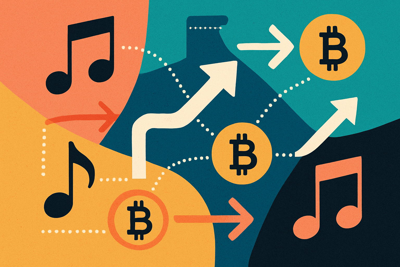 Abstract digital art showing music notes transforming into blockchain tokens with glowing instant payout arrows, illustrating tokenized music royalties and rapid artist payments