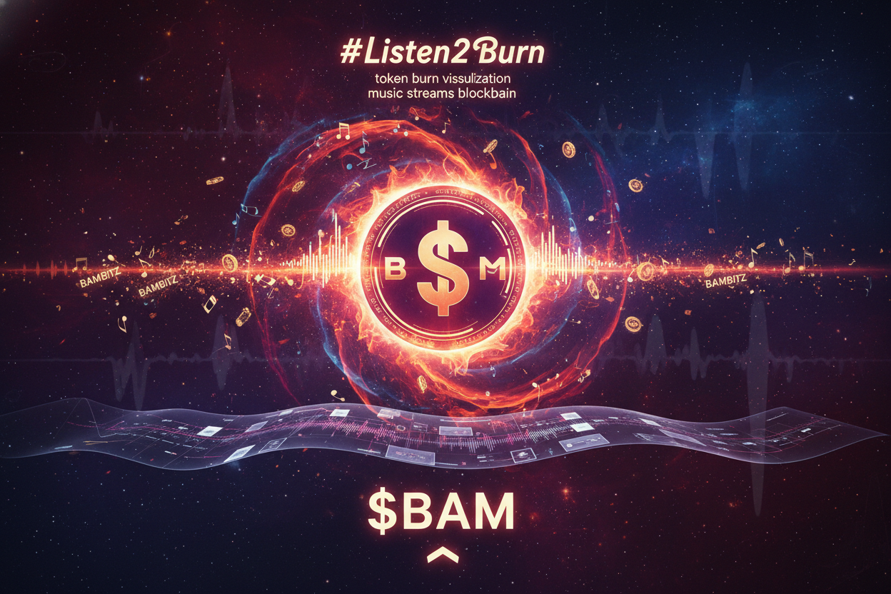 Abstract visualization of music streams transforming into blockchain tokens burning in Bambitz Listen2Burn model, illustrating tokenized music royalties and deflationary tokenomics