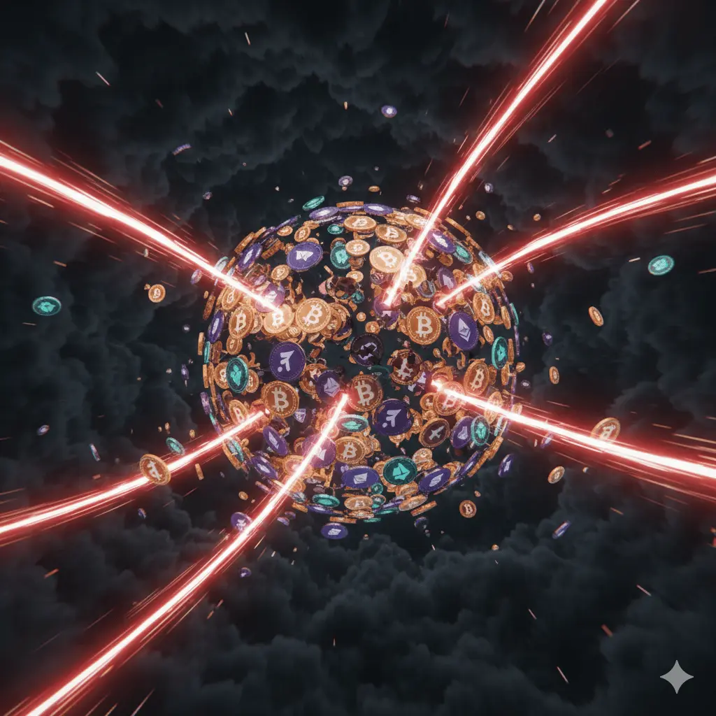 Abstract visualization of neural networks analyzing on-chain DeFi liquidation cascades with glowing interconnected data nodes for hybrid AI oracle feeds