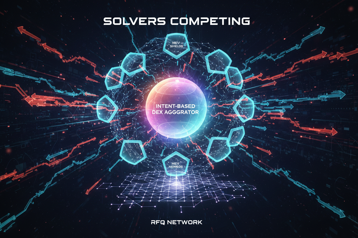 Abstract digital visualization of competing solvers in an intent-based DEX aggregator network featuring MEV protection shields and RFQ data flows in futuristic DeFi blockchain environment