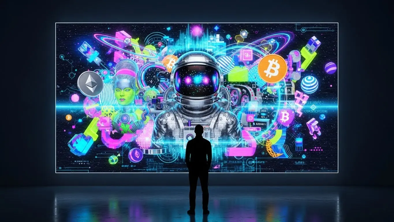 Abstract digital artwork visualizing songwriter royalties transforming into blockchain NFTs with fractional ownership shares and flowing revenue streams