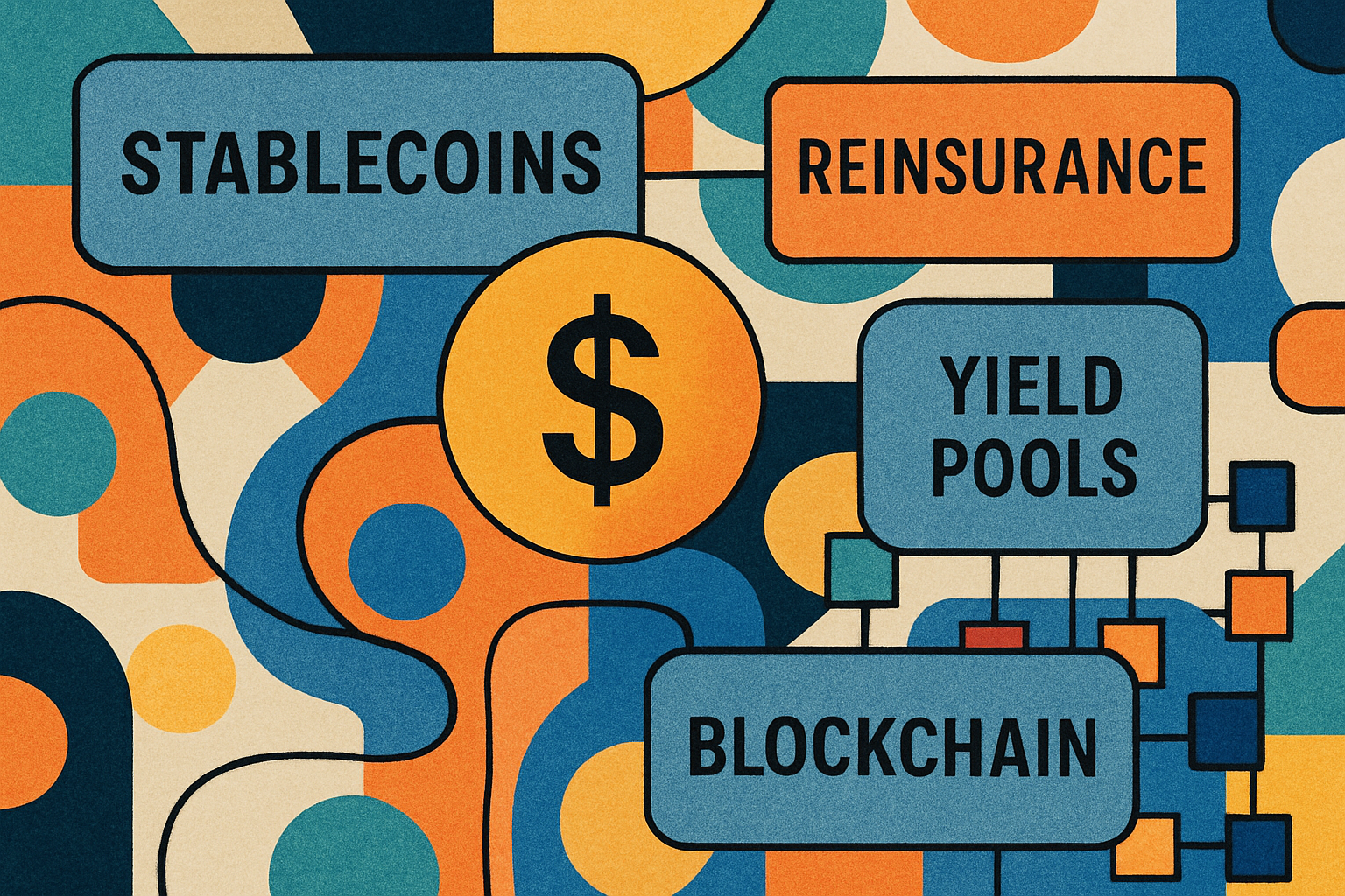 Abstract visualization of stablecoins transforming into glowing yield-generating reinsurance pools on blockchain, illustrating on-chain DeFi innovation and RWA tokenization