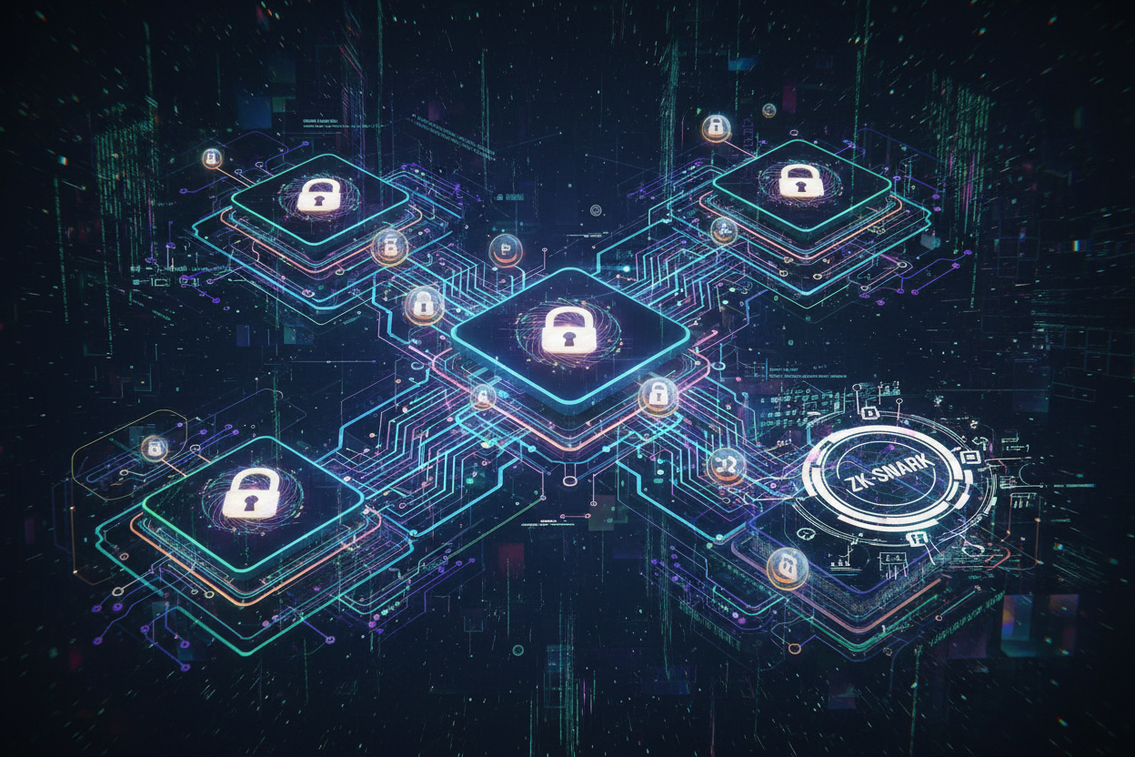Abstract visualization of TFHE encrypted data flowing through ZK-SNARK verification circuits on a blockchain network, illustrating private on-chain computations with fully homomorphic encryption and zero-knowledge proofs
