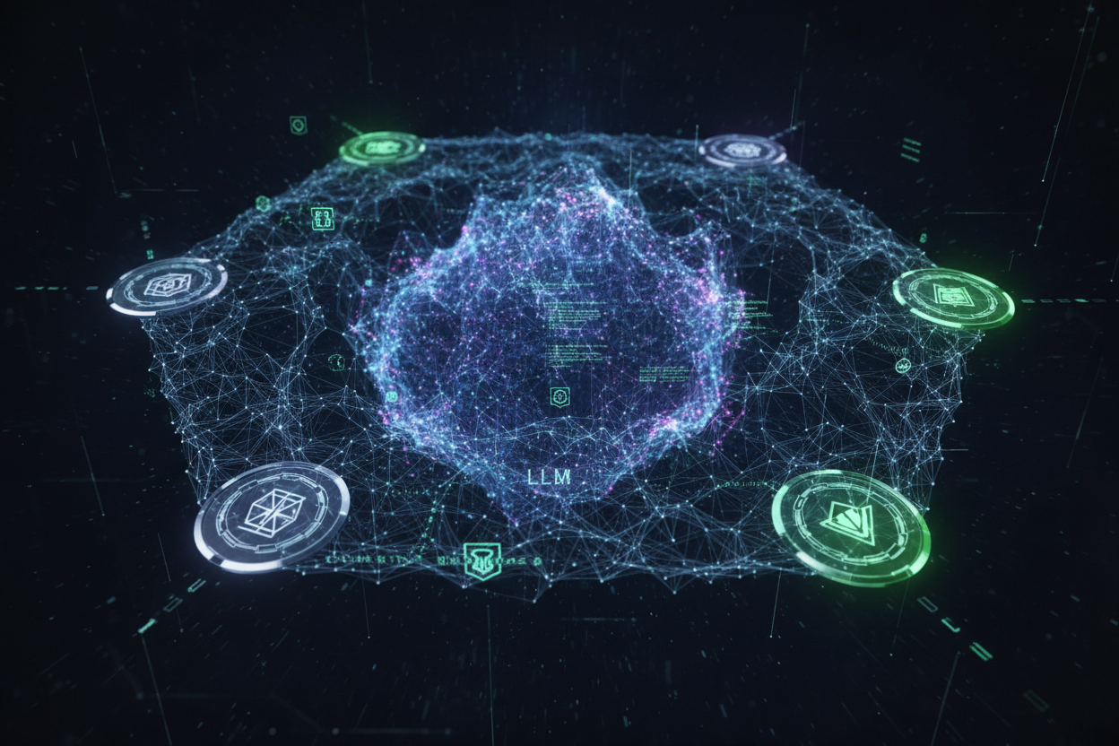 Abstract visualization of zero-knowledge proofs (ZKPs) locking down LLM training datasets with cryptographic licensing seals for AI data provenance and compliance