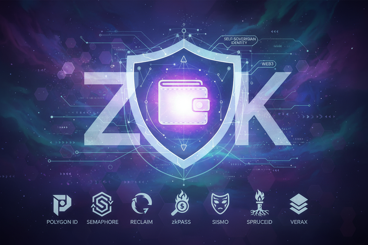 Abstract digital art visualizing zero-knowledge proofs as protective shields safeguarding self-sovereign identities in a Web3 ecosystem, featuring zk identity wallets like Polygon ID, Semaphore, Reclaim Protocol, zkPass, Sismo Protocol, Lit Protocol, SpruceID, and Verax Protocol