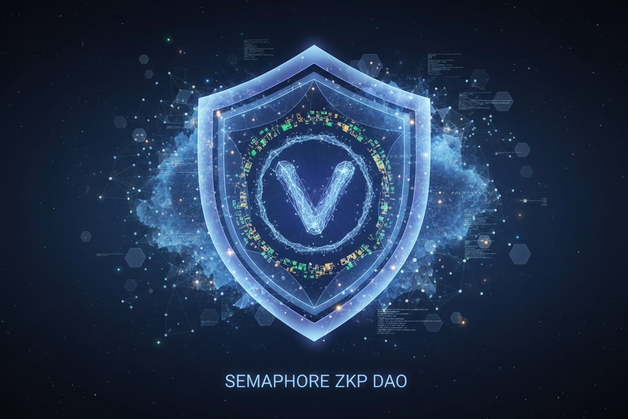 Abstract visualization of zero-knowledge proofs (ZKP) shielding DAO voting data privacy using Semaphore protocol for confidential decentralized governance