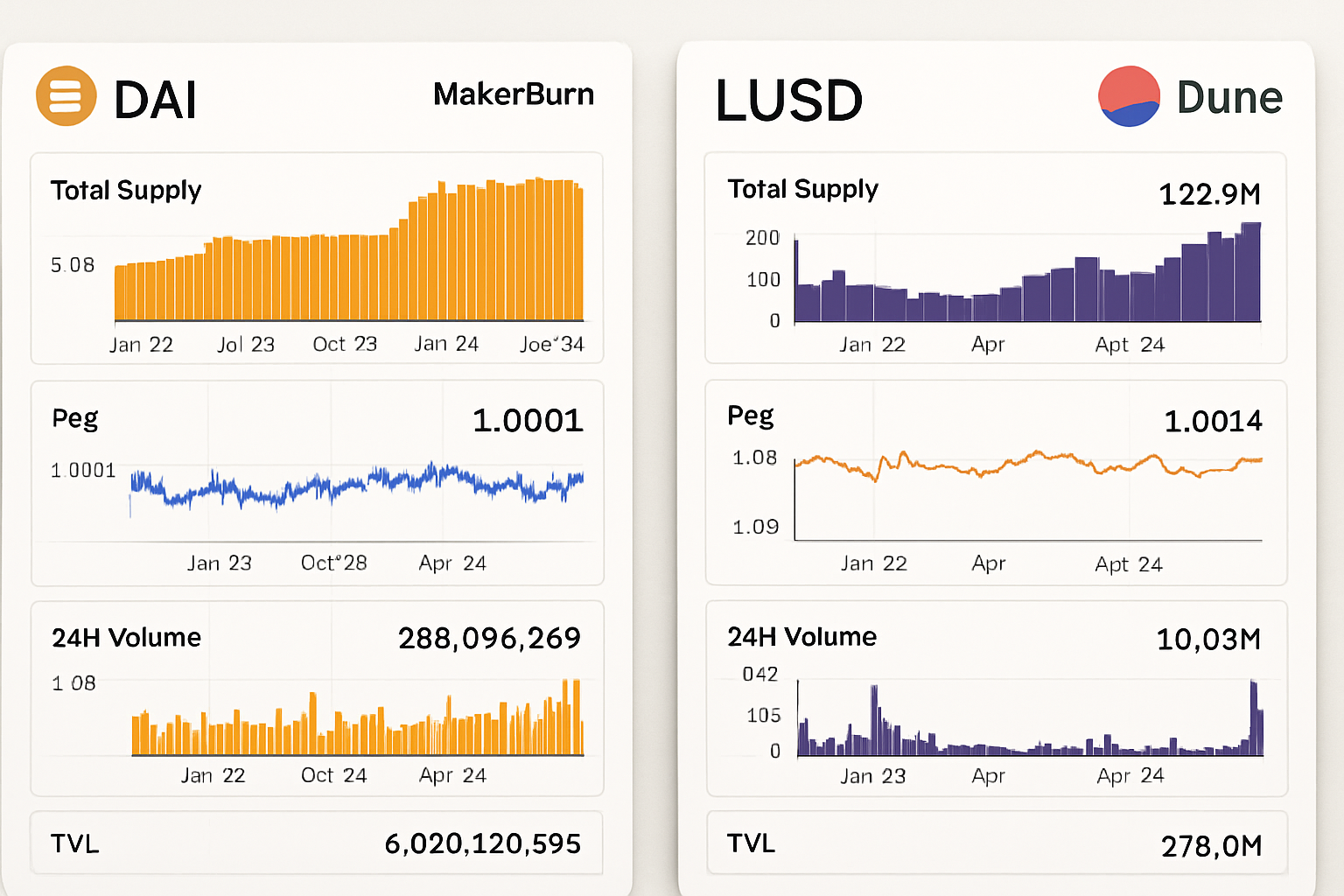 MakerBurn and Dune Analytics dashboards for DAI and LUSD