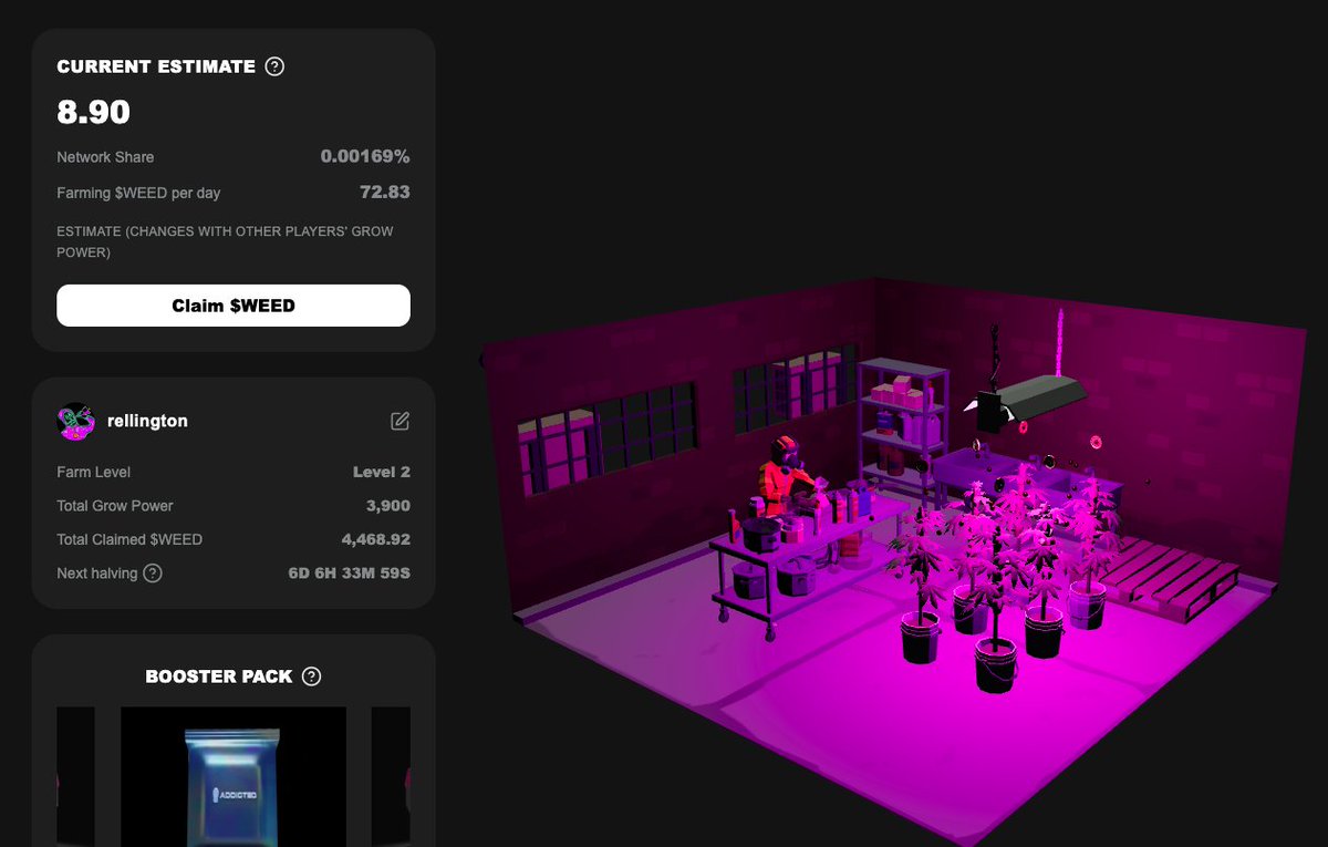 Addicted.fun gameplay screenshot showing cannabis farms and WEED token user interface on Solana blockchain