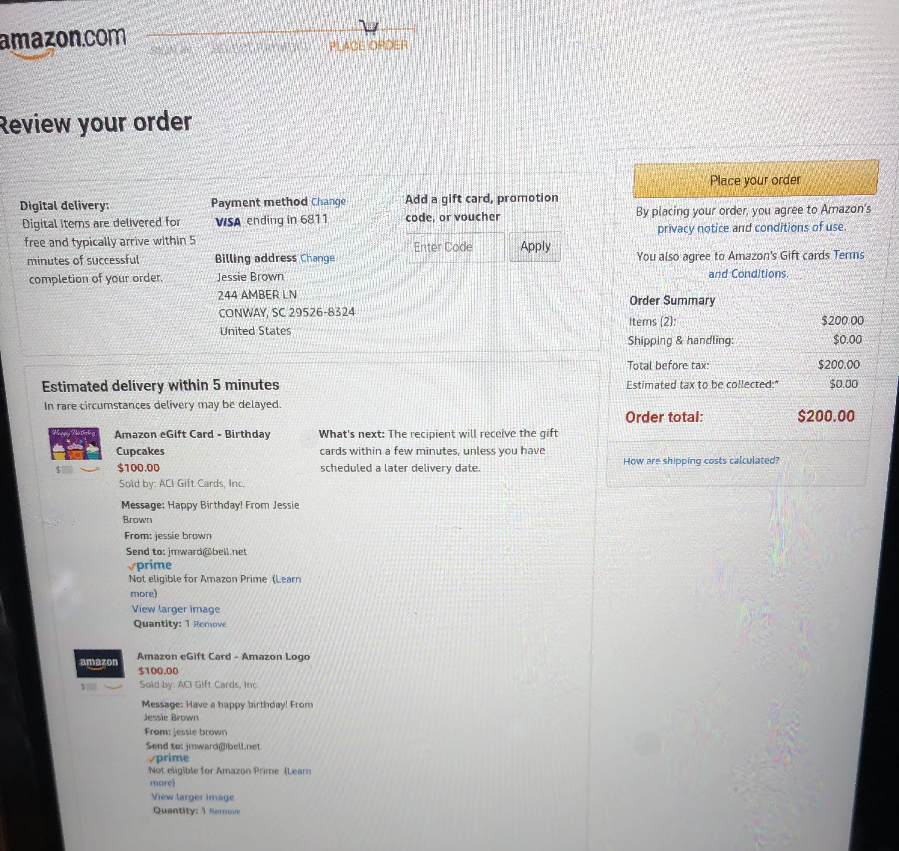 Amazon order confirmation email screenshot