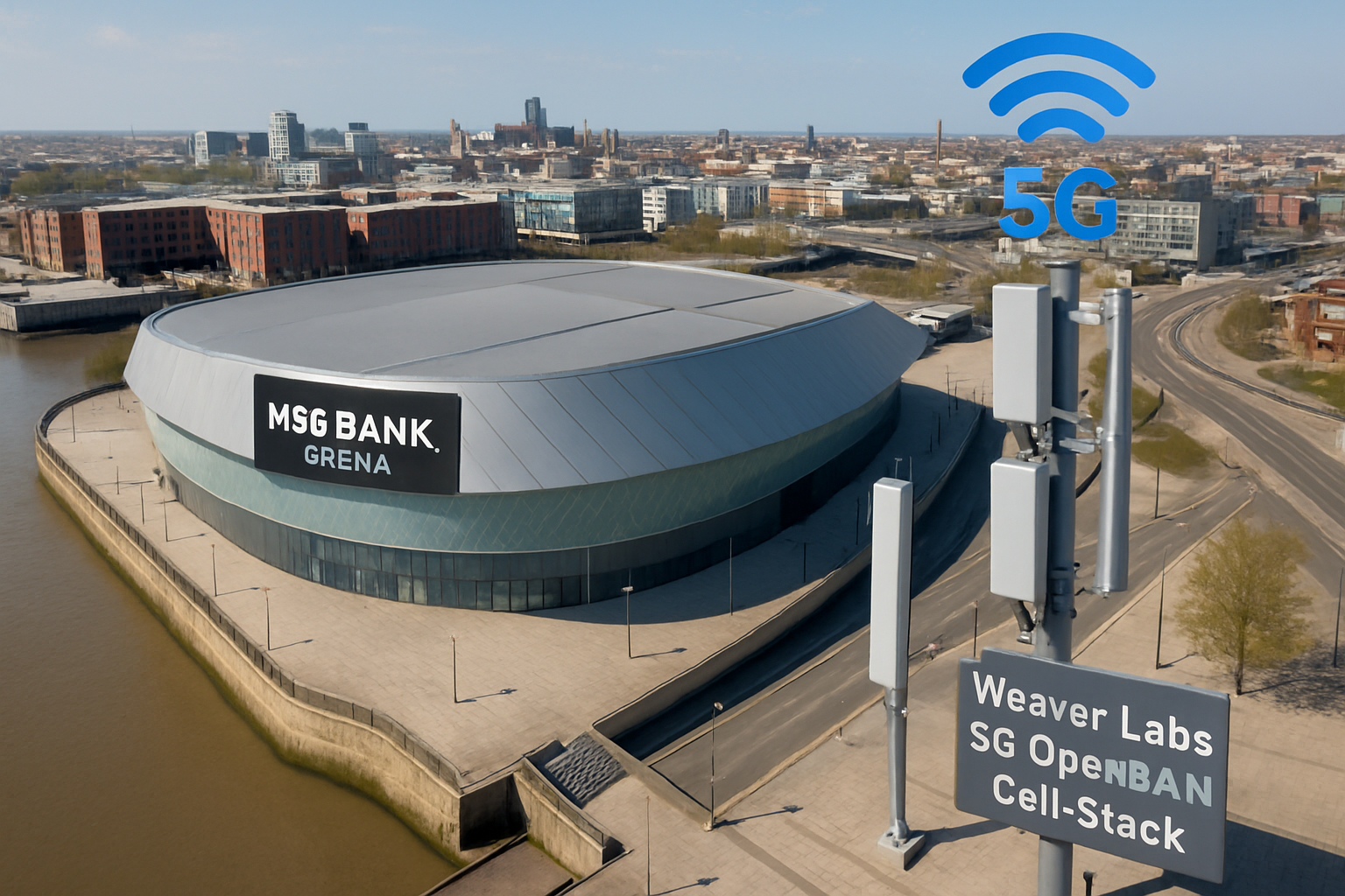 Aerial drone view of M&S Bank Arena in Liverpool with overlaid 5G OpenRAN network visualization from Weaver Labs Cell-Stack deployment in high-density stadium project