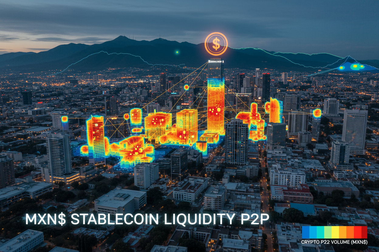 Aerial view of Monterrey skyline overlaid with heatmap of MXN stablecoin liquidity pools and P2P hotspots for arbitrage opportunities
