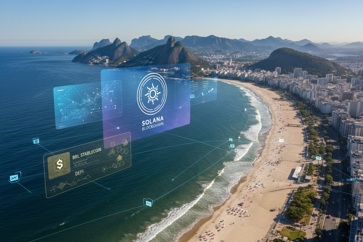 Aerial view of Rio de Janeiro beaches overlaid with Solana blockchain nodes and BRL stablecoin icons symbolizing DeFi liquidity pools and trading volumes