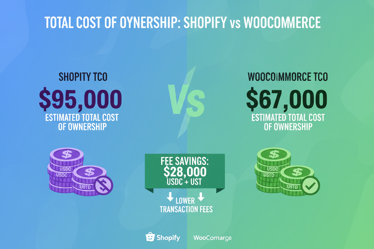 Aggressive infographic comparing Shopify $95k TCO vs WooCommerce $67k highlighting USDC USDT stablecoin fee savings 2026