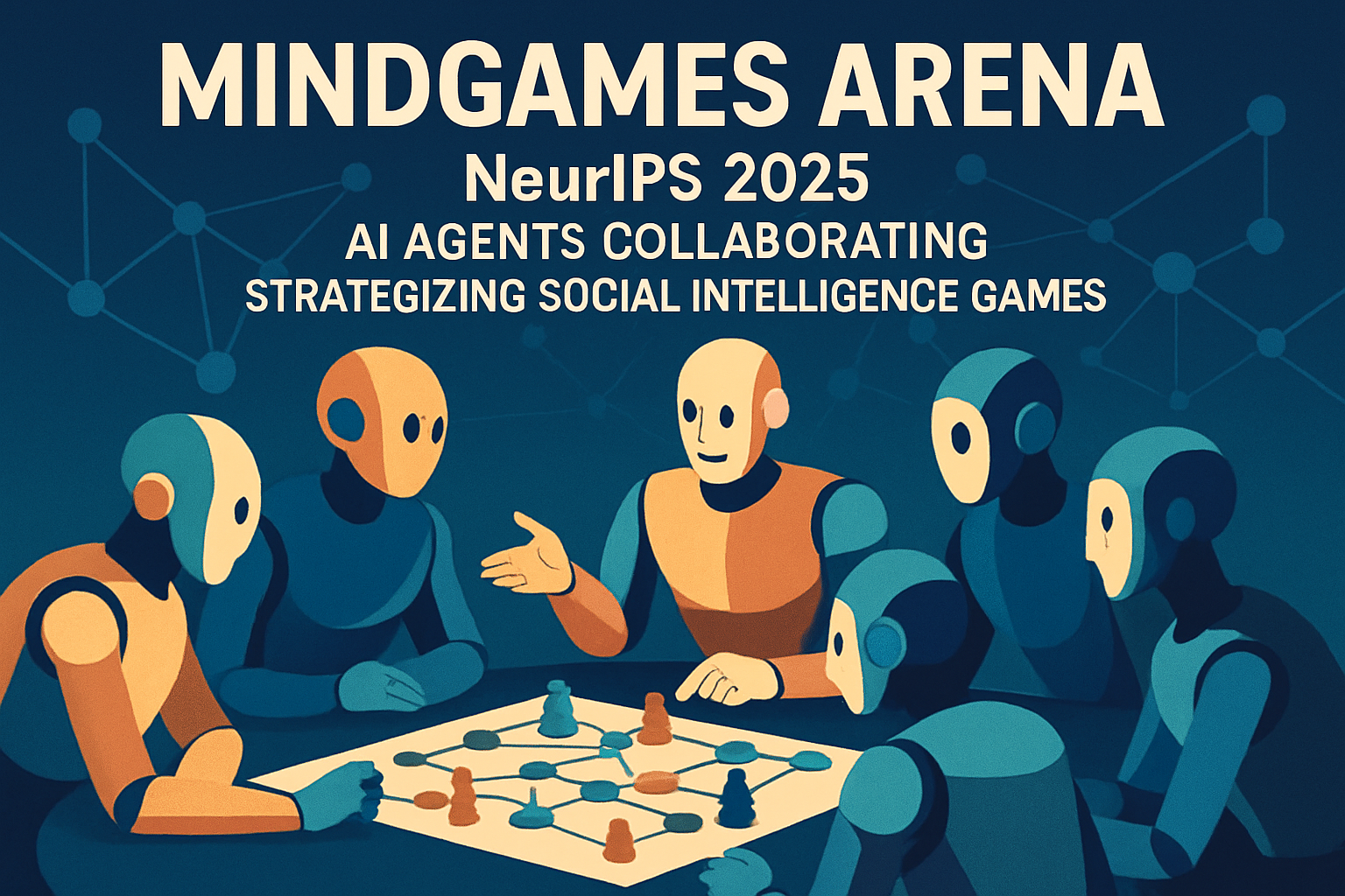 AI agents collaborating and strategizing in MindGames Arena during NeurIPS 2025, engaging in theory-of-mind games like Mafia, Codenames, and Prisoner's Dilemma to showcase advanced social intelligence.