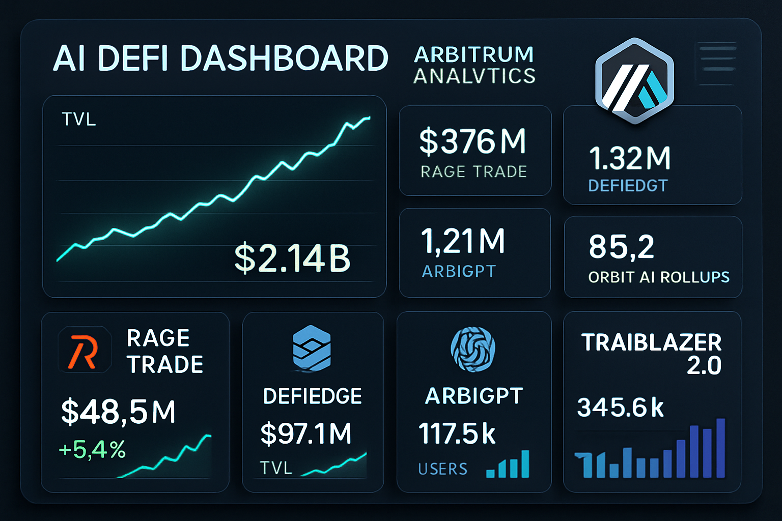 AI-powered DeFi dashboard showcasing top Arbitrum projects like Rage Trade, DeFiEdge, ArbiGPT, Orbit AI Rollups, and Trailblazer 2.0 with live analytics and automation features